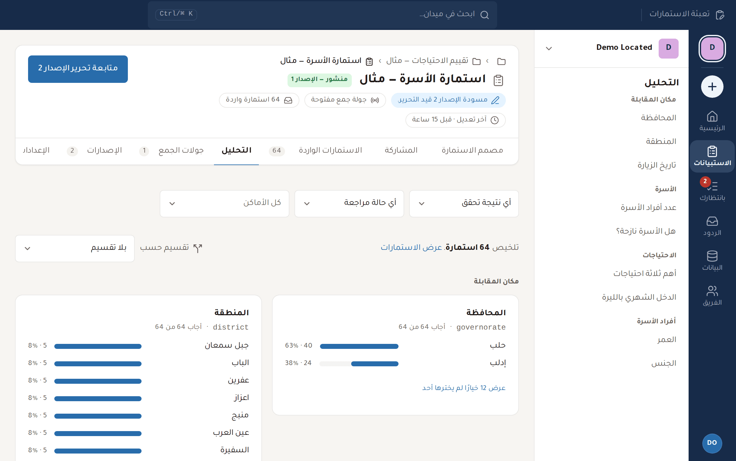 نتائج مسح الأسر في ميدان، حسب المحافظة والمنطقة